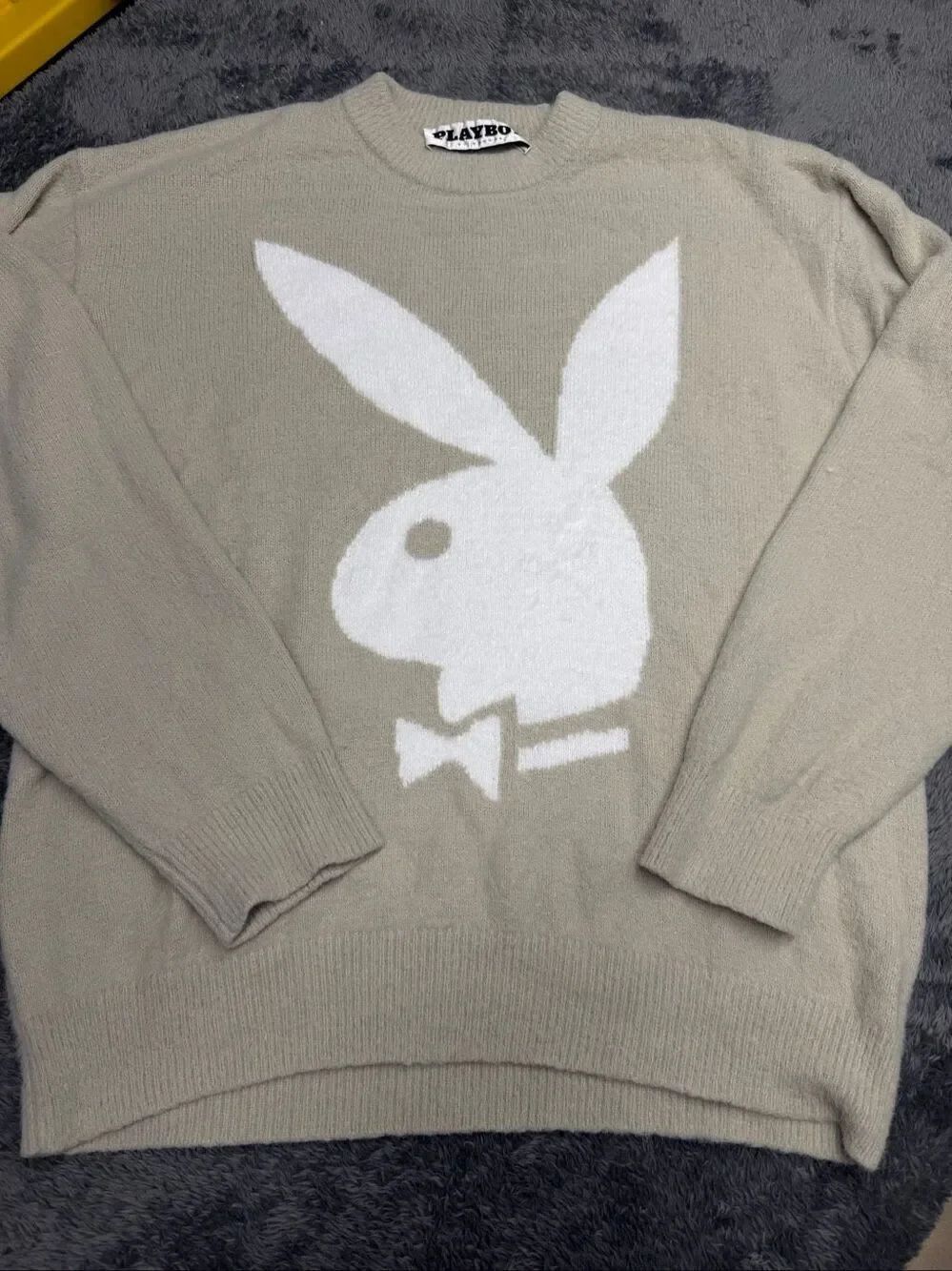 Playboy x PacSun Fuzzy Bunny Head Knit Sweater in a soft tan colorway in Men’s M